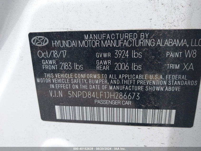 VIN 5NPD84LF1JH286673 2018 HYUNDAI ELANTRA SEL