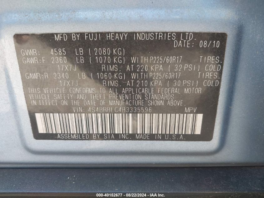 2011 Subaru Outback 2.5I Limited VIN: 4S4BRBLC4B3335596 Lot: 40152677