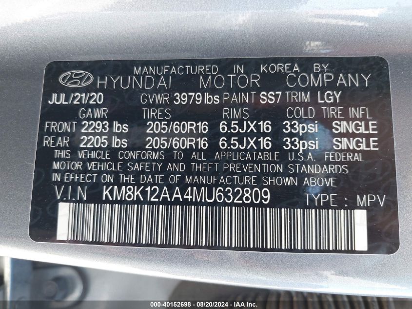 2021 Hyundai Kona Se VIN: KM8K12AA4MU632809 Lot: 40152698