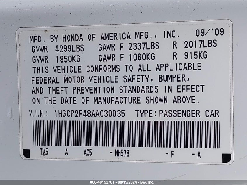 2010 Honda Accord 2.4 Lx-P VIN: 1HGCP2F48AA030035 Lot: 40152701