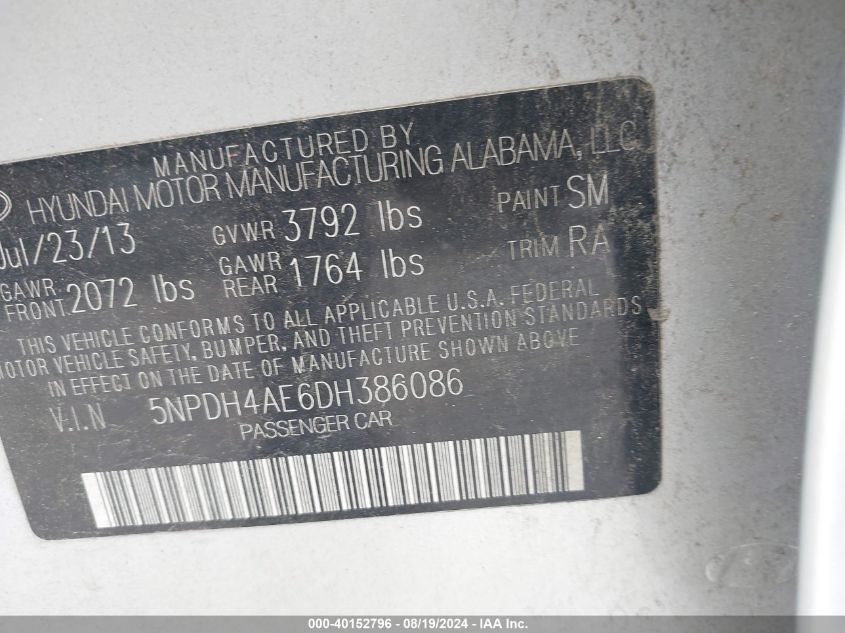 2013 Hyundai Elantra Limited VIN: 5NPDH4AE6DH386086 Lot: 40152796