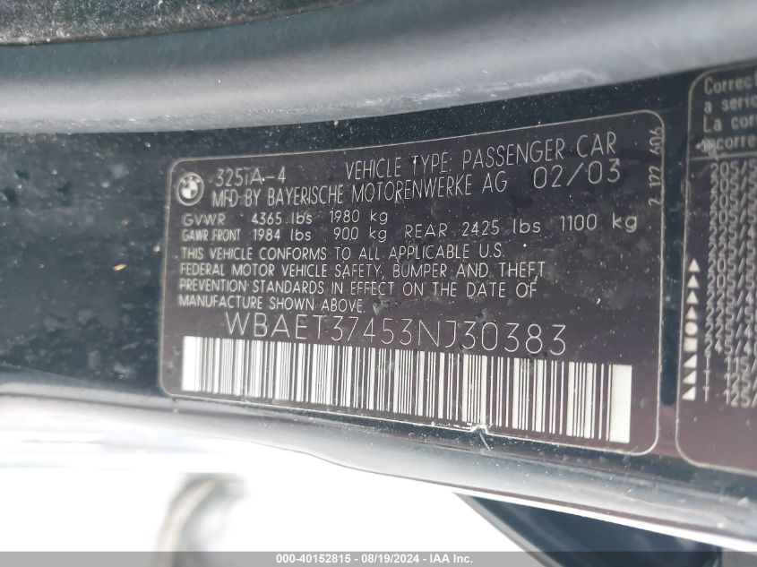 2003 BMW 325I VIN: WBAET37453NJ30383 Lot: 40152815