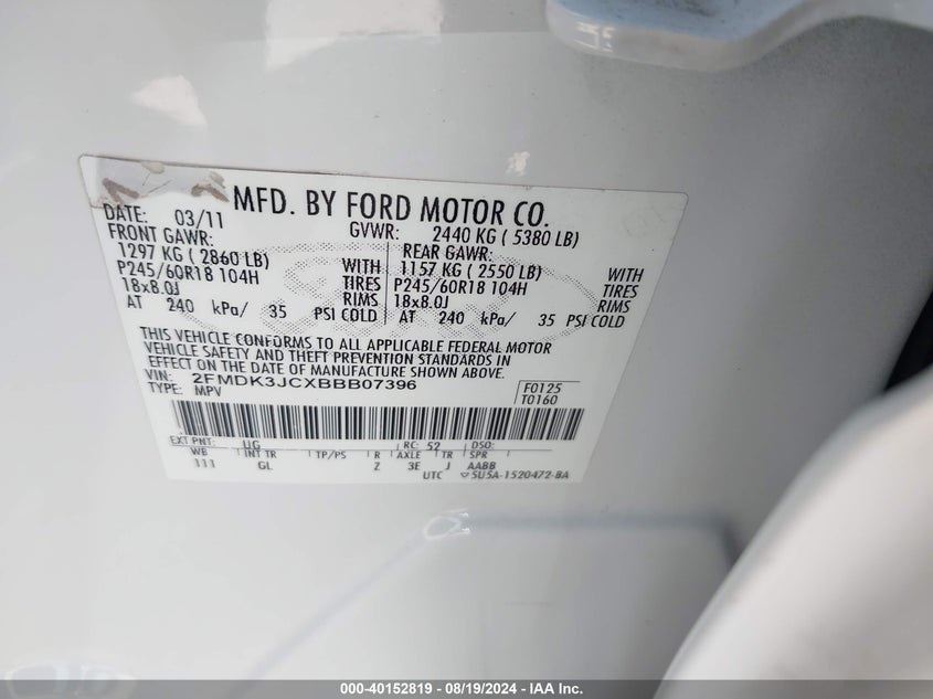 2011 Ford Edge Sel VIN: 2FMDK3JCXBBB07396 Lot: 40152819