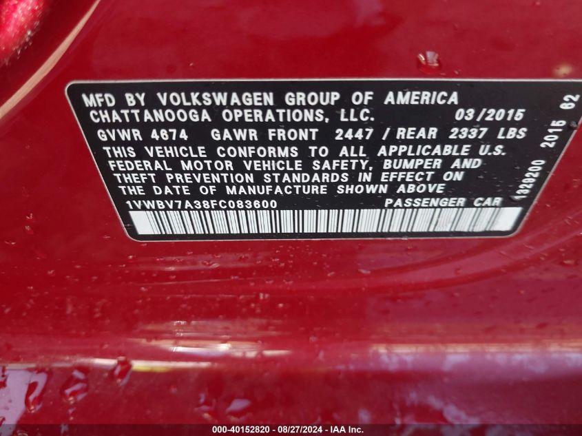 1VWBV7A38FC083600 2015 Volkswagen Passat 2.0L Tdi Se