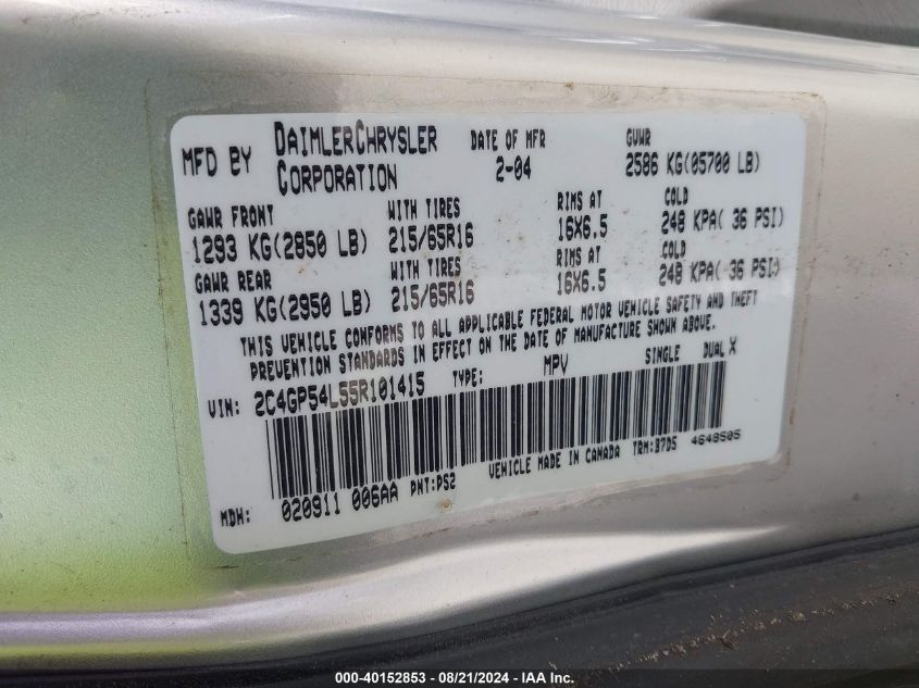 2005 Chrysler Town & Country Touring VIN: 2C4GP54L55R101415 Lot: 40152853