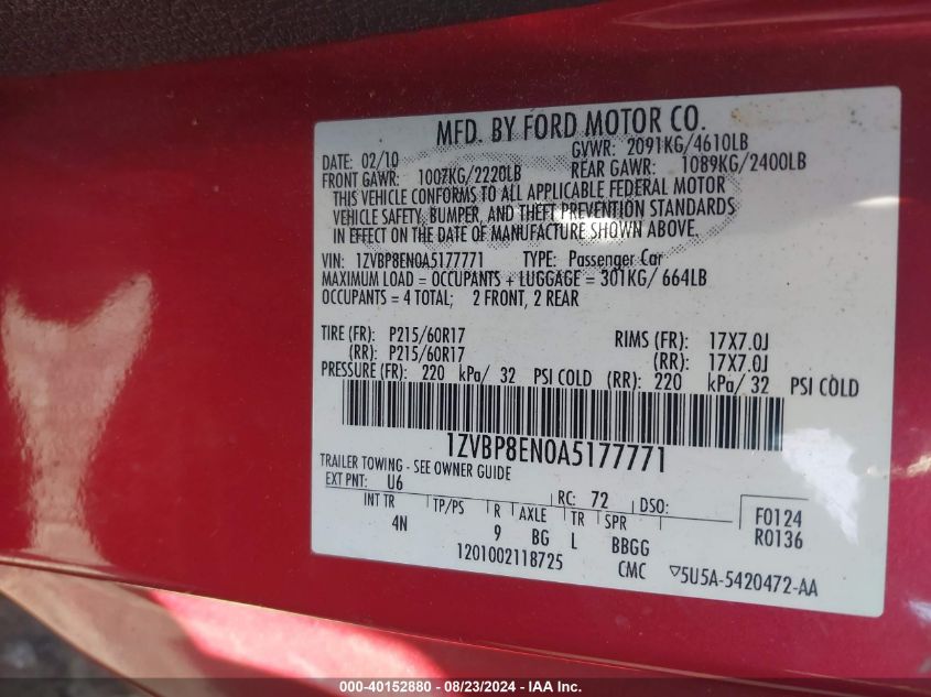 2010 Ford Mustang V6/V6 Premium VIN: 1ZVBP8EN0A5177771 Lot: 40152880