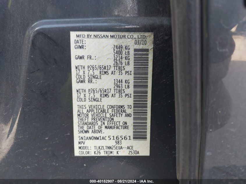 2010 Nissan Xterra Se VIN: 5N1AN0NW1AC516561 Lot: 40152907