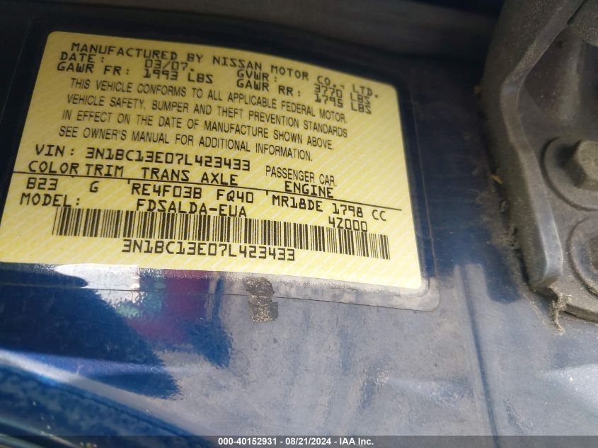 2007 Nissan Versa S/Sl VIN: 3N1BC13E07L423433 Lot: 40152931