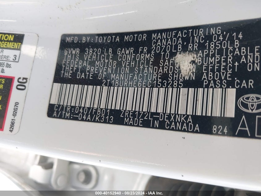 2014 TOYOTA COROLLA LE - 2T1BURHE6EC153285