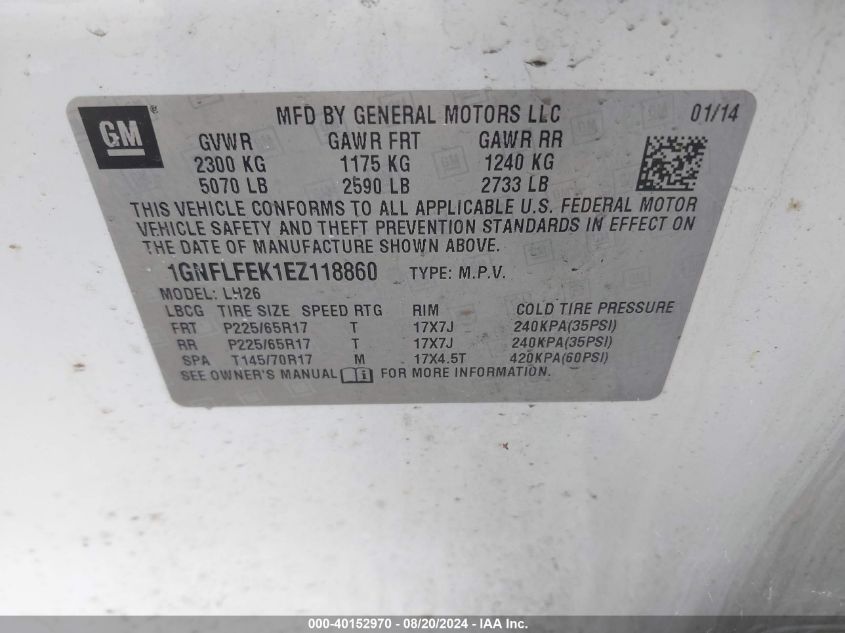 2014 Chevrolet Equinox 1Lt VIN: 1GNFLFEK1EZ118860 Lot: 40152970