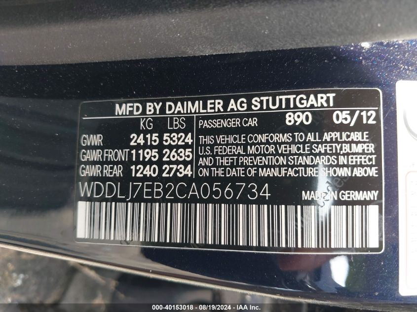 WDDLJ7EB2CA056734 2012 Mercedes-Benz Cls 63 Amg