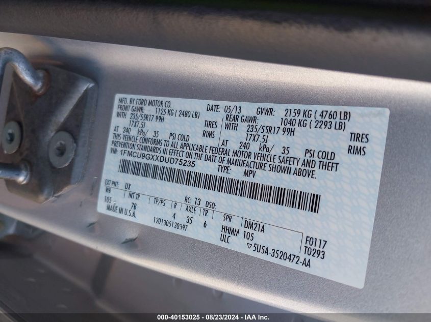 2013 Ford Escape Se VIN: 1FMCU9GXXDUD75235 Lot: 40153025