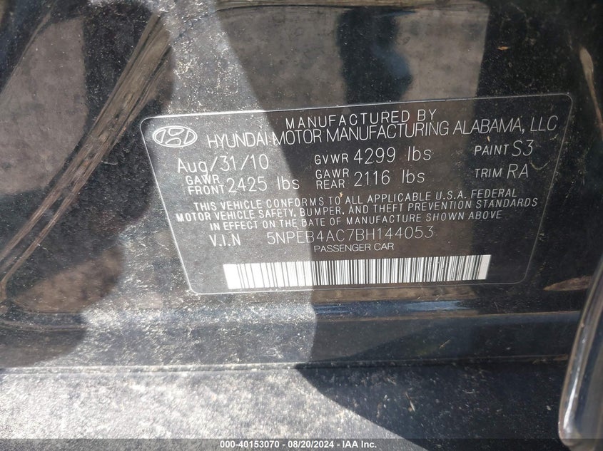 2011 HYUNDAI SONATA VIN: 5NPEB4AC7BH144053