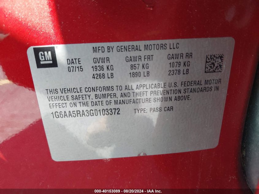 2016 Cadillac Ats Standard VIN: 1G6AA5RA3G0103372 Lot: 40153089