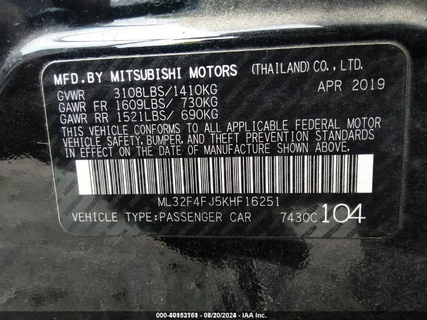 ML32F4FJ5KHF16251 2019 Mitsubishi Mirage G4