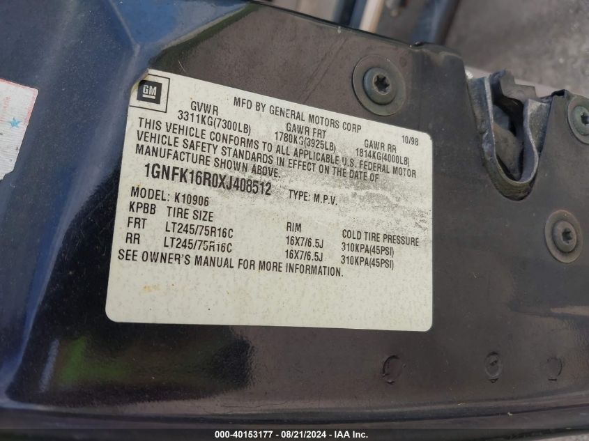 1999 Chevrolet Suburban K1500 VIN: 1GNFK16R0XJ408512 Lot: 40153177