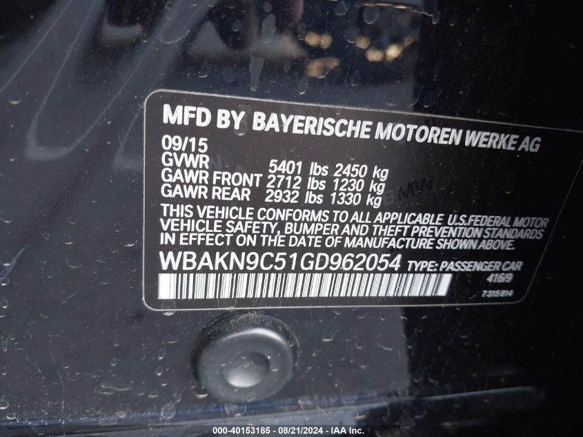 2016 BMW 550I VIN: WBAKN9C51GD962054 Lot: 40153185