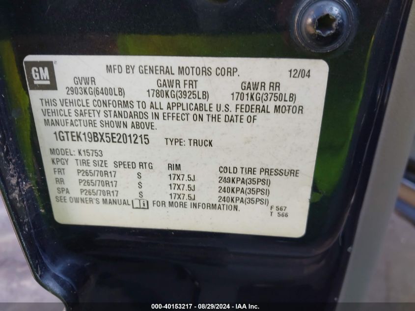 2005 GMC Sierra 1500 Slt VIN: 1GTEK19BX5E201215 Lot: 40153217