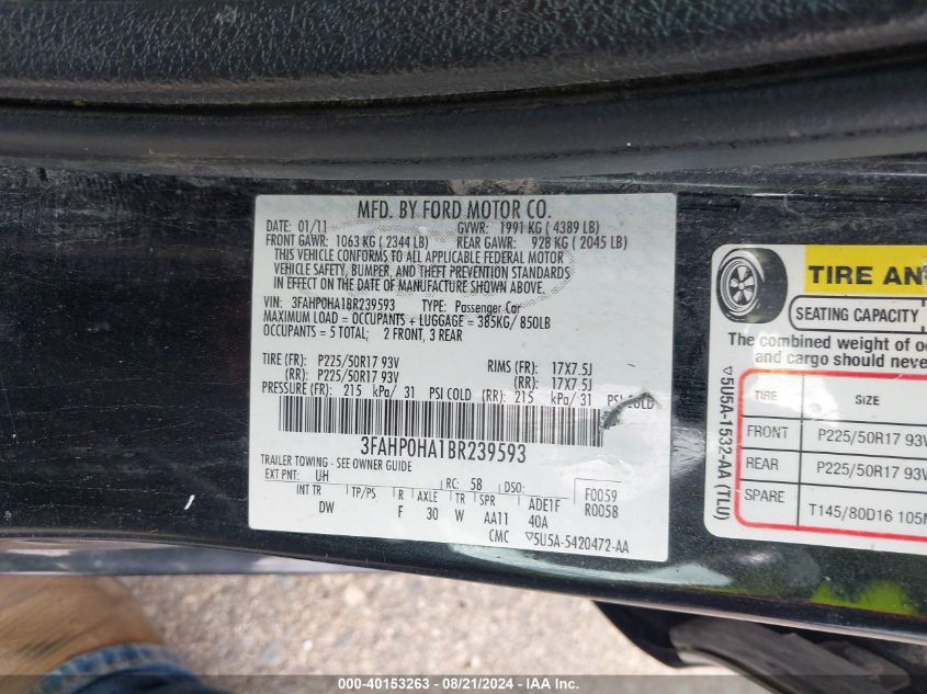 2011 Ford Fusion Se VIN: 3FAHP0HA1BR239593 Lot: 40153263