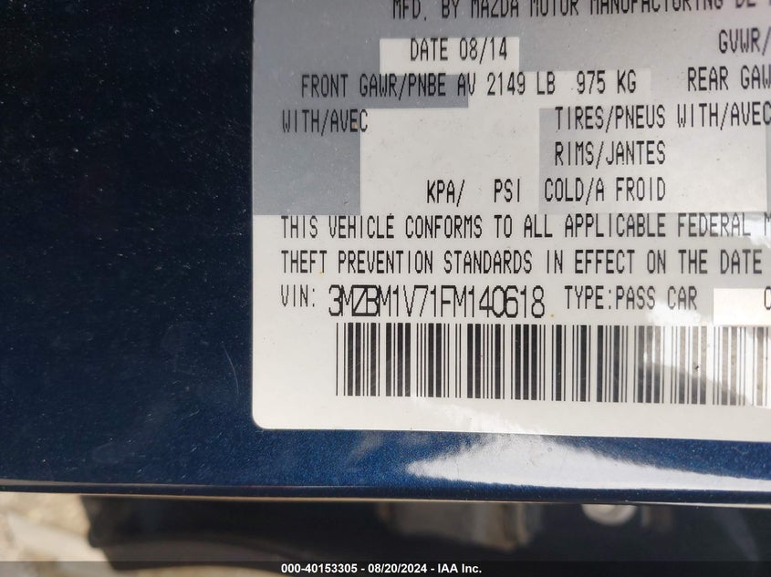 2015 MAZDA MAZDA3 I TOURING - 3MZBM1V71FM140618