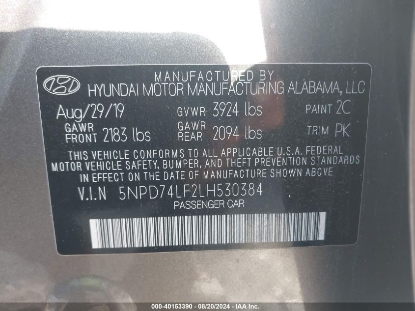 2020 Hyundai Elantra Se VIN: 5NPD74LF2LH530384 Lot: 40153390