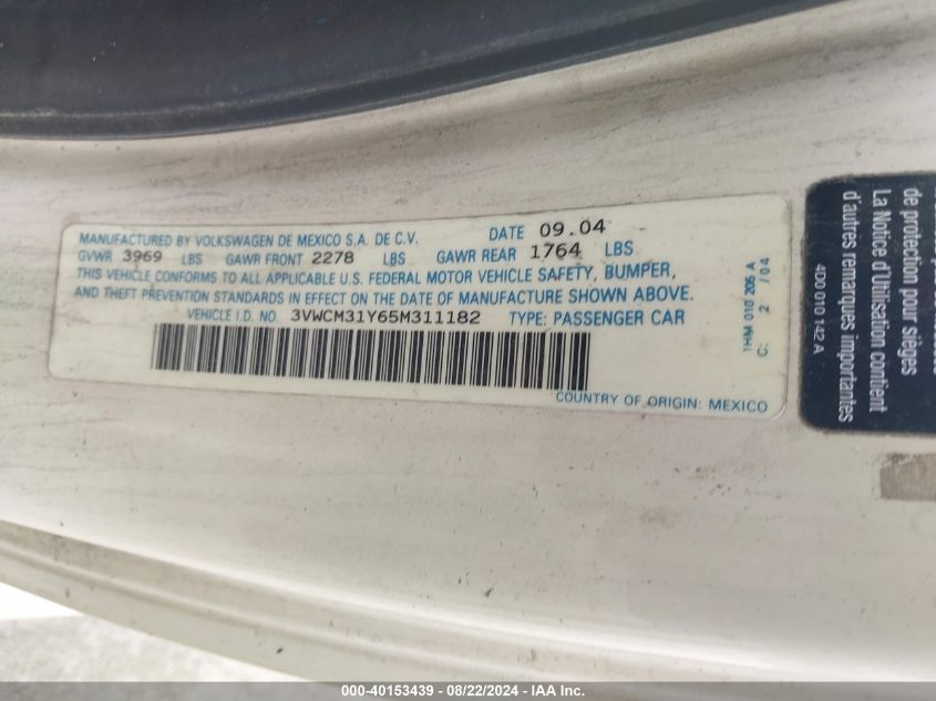2005 Volkswagen New Beetle Gls VIN: 3VWCM31Y65M311182 Lot: 40153439