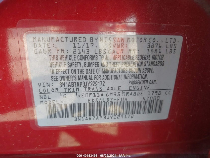 VIN 3N1AB7AP3JY229172 2018 NISSAN SENTRA SV