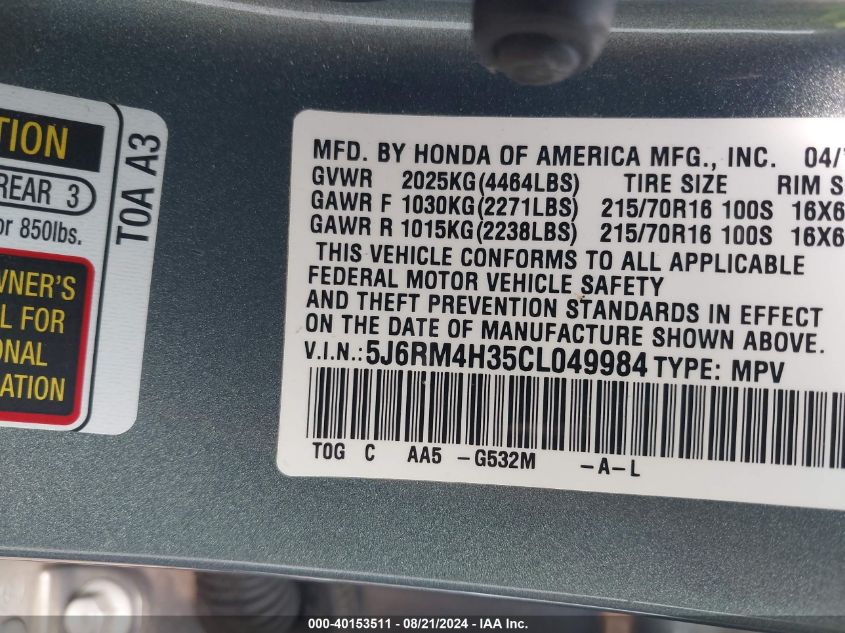 5J6RM4H35CL049984 2012 Honda Cr-V Lx