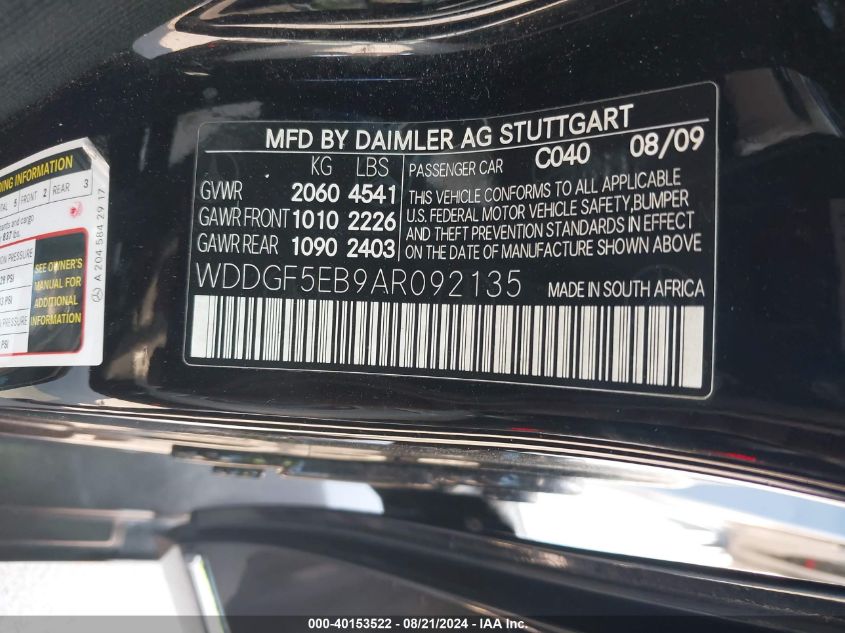 2010 Mercedes-Benz C 300 VIN: WDDGF5EB9AR092135 Lot: 40153522