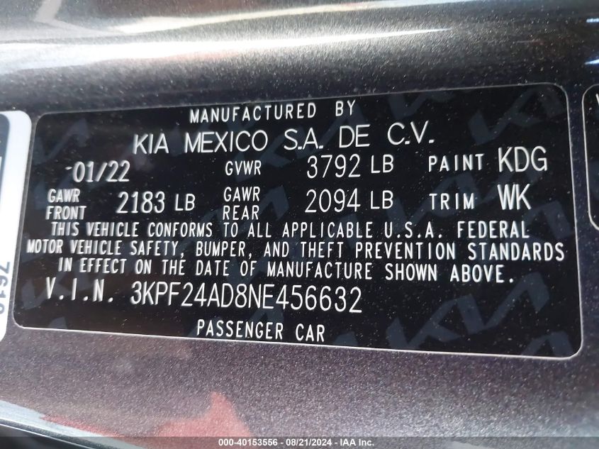 2022 Kia Forte Lxs VIN: 3KPF24AD8NE456632 Lot: 40153556