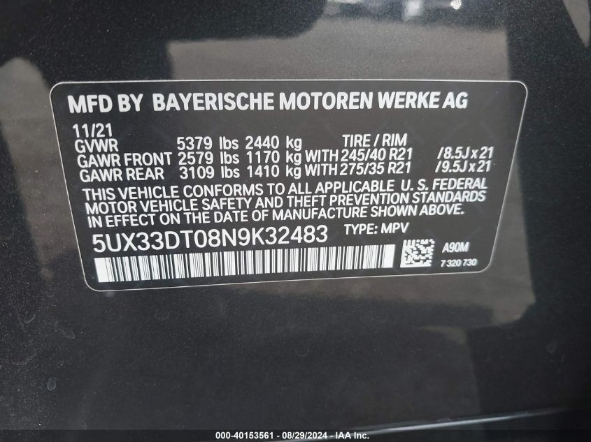 5UX33DT08N9K32483 2022 BMW X4 xDrive30I