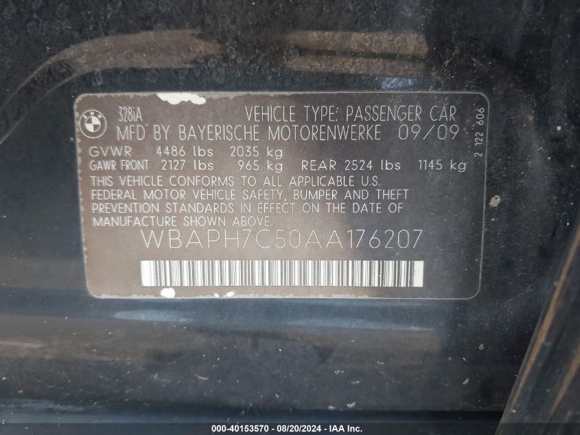 2010 BMW 328I I VIN: WBAPH7C50AA176207 Lot: 40153570