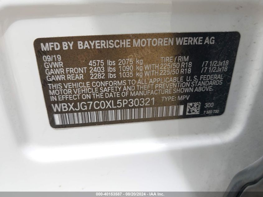 2020 BMW X1 Sdrive28I VIN: WBXJG7C0XL5P30321 Lot: 40153587