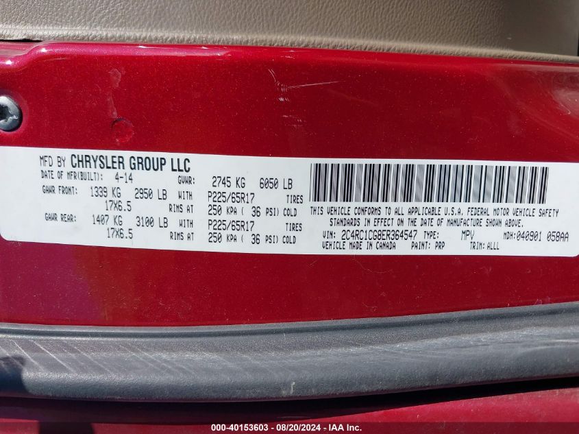 2014 Chrysler Town & Country Touring-L VIN: 2C4RC1CG8ER364547 Lot: 40153603