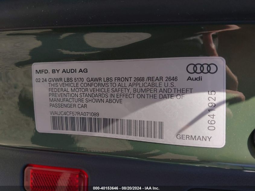 2024 Audi S5 Premium Plus VIN: WAUC4CF57RA071089 Lot: 40153646