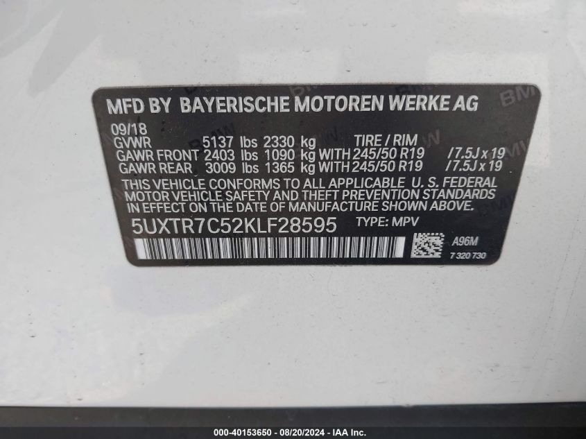 5UXTR7C52KLF28595 2019 BMW X3 Sdrive30I