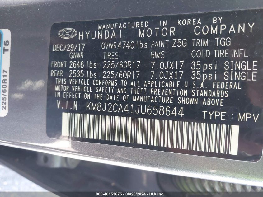 KM8J2CA41JU658644 2018 Hyundai Tucson Se