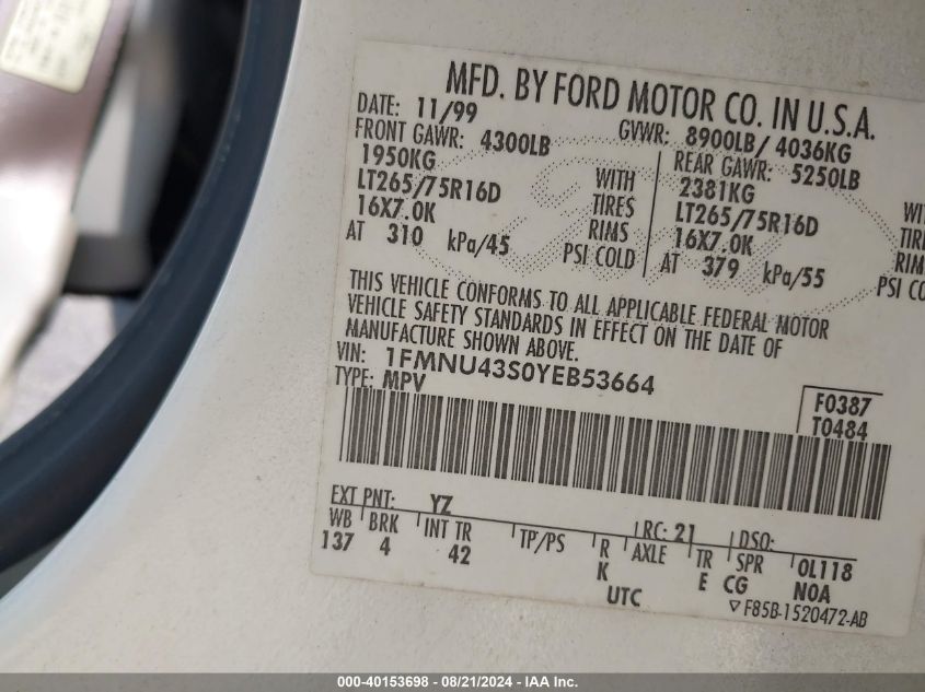 2000 Ford Excursion Limited VIN: 1FMNU43S0YEB53664 Lot: 40153698
