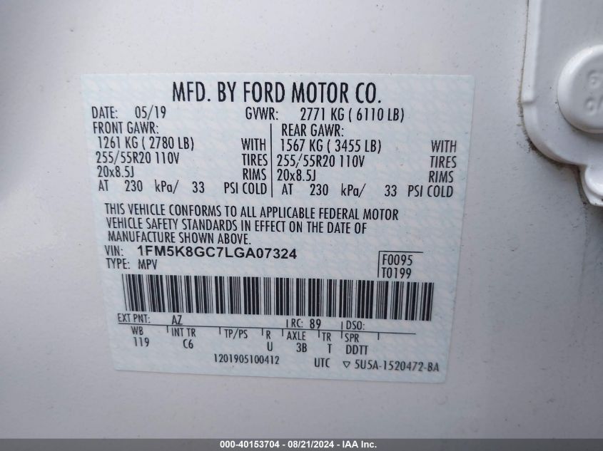 2020 Ford Explorer St VIN: 1FM5K8GC7LGA07324 Lot: 40153704