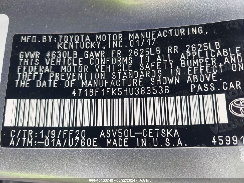 2017 TOYOTA CAMRY SE - 4T1BF1FK5HU383536