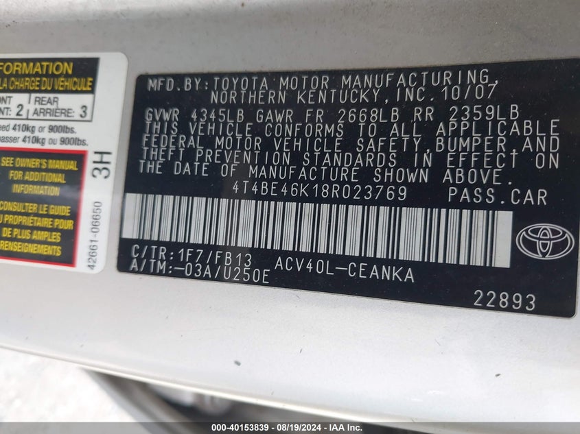 2008 Toyota Camry VIN: 4T4BE46K18R023769 Lot: 40153839