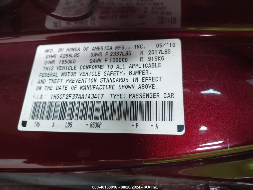 1HGCP2F37AA143417 2010 Honda Accord 2.4 Lx