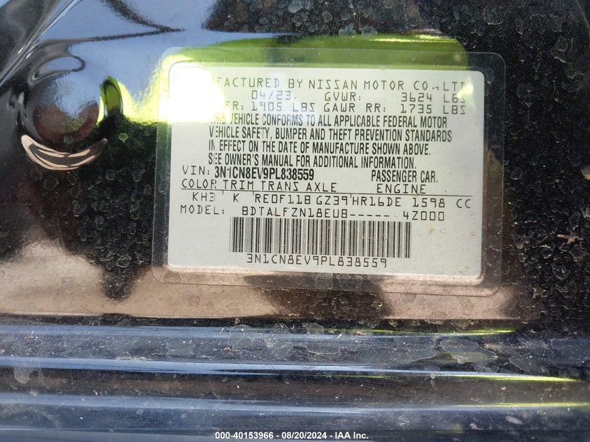 2023 Nissan Versa 1.6 Sv Xtronic Cvt VIN: 3N1CN8EV9PL838559 Lot: 40153966