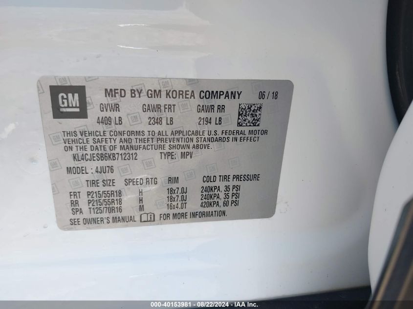 2019 Buick Encore Awd Preferred VIN: KL4CJESB6KB712312 Lot: 40153981