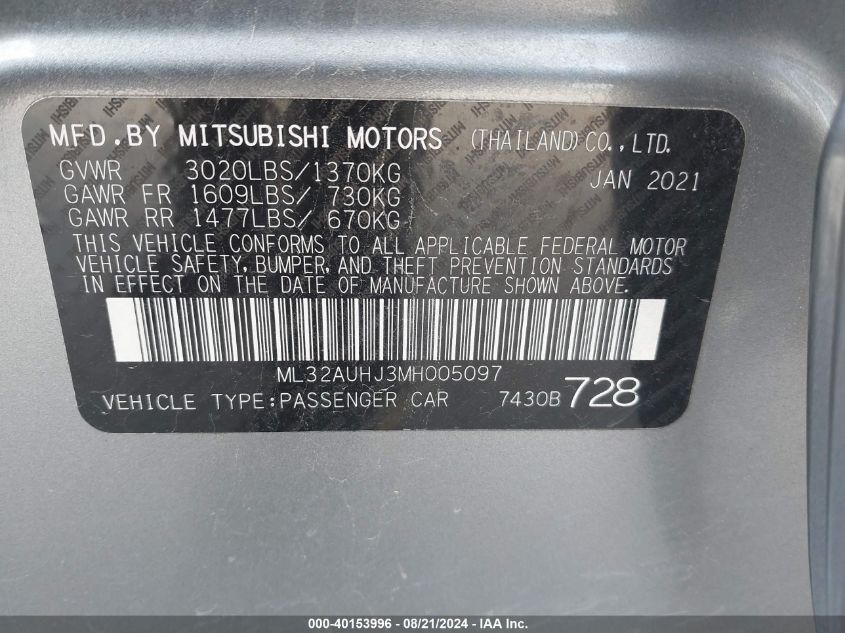 2021 Mitsubishi Mirage Carbonite Edition/Es/Le VIN: ML32AUHJ3MH005097 Lot: 40153996