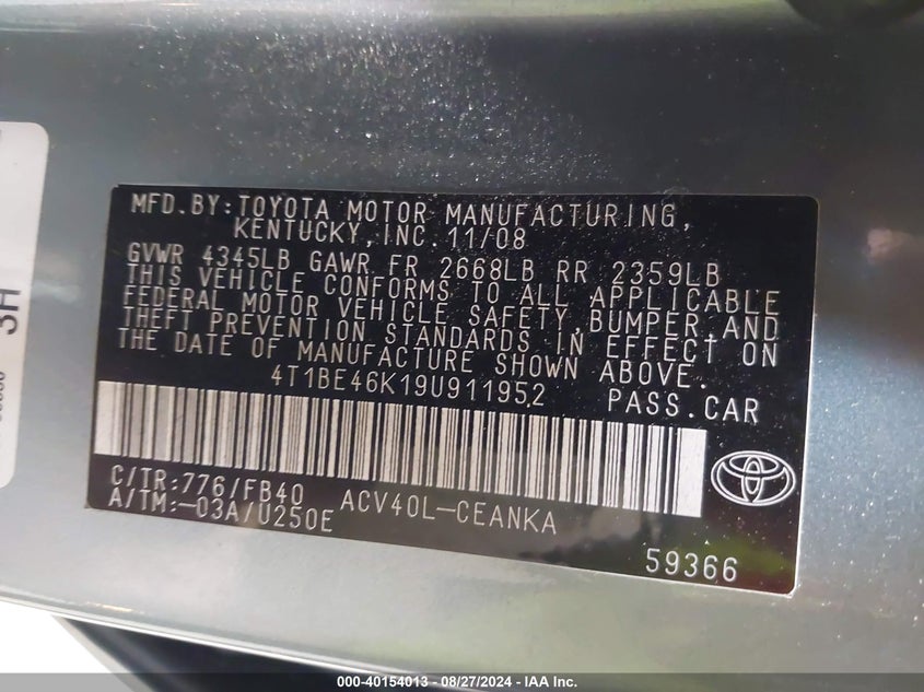 2009 Toyota Camry Le VIN: 4T1BE46K19U911952 Lot: 40154013