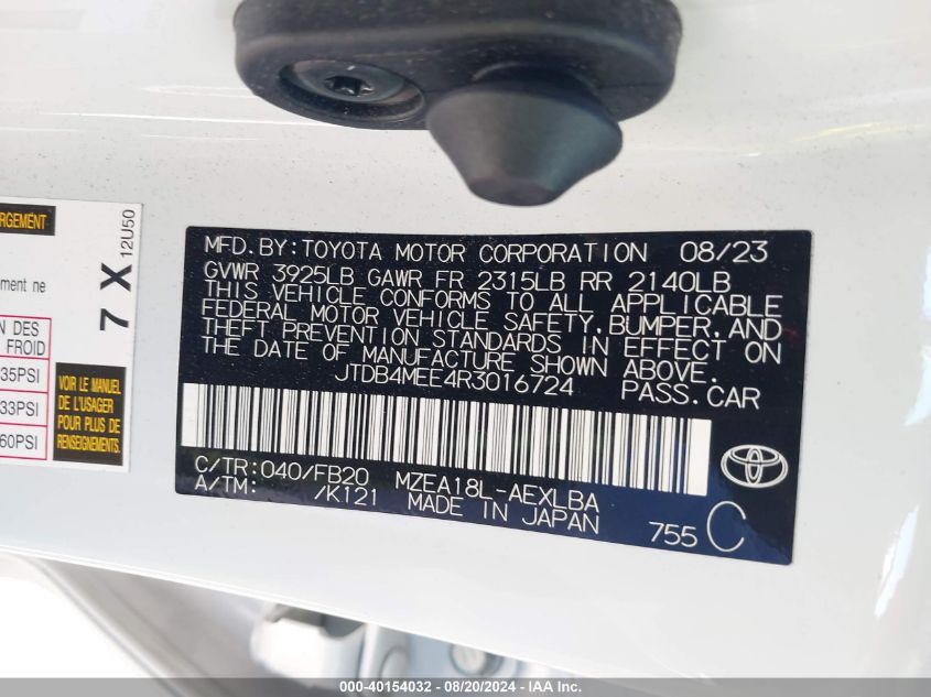 2024 Toyota Corolla Le VIN: JTDB4MEE4R3016724 Lot: 40154032