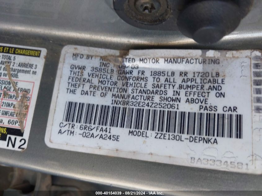 2004 Toyota Corolla Le VIN: 1NXBR32E24Z252061 Lot: 40154039