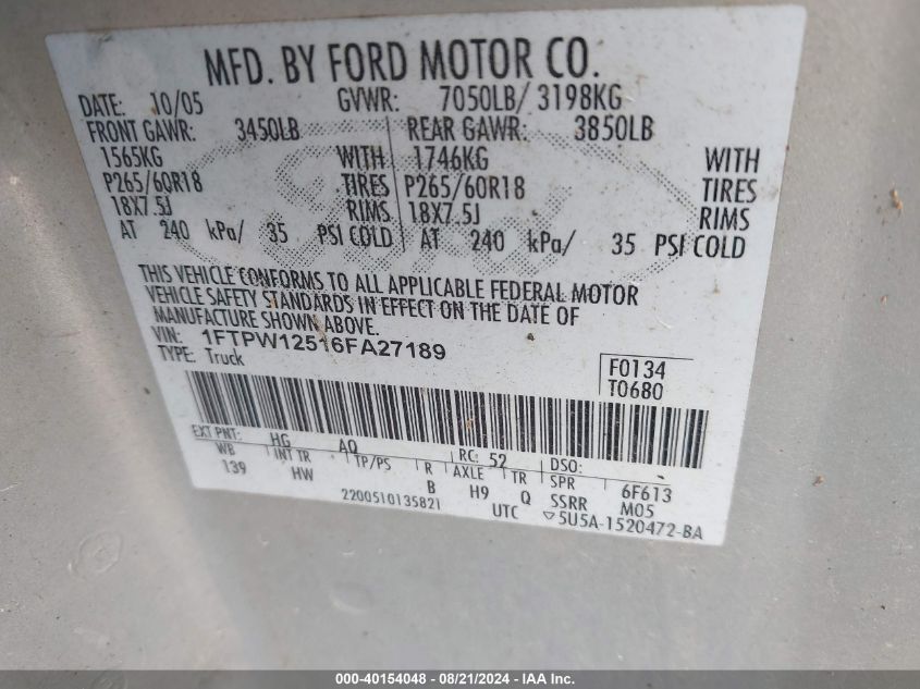 2006 Ford F150 Supercrew VIN: 1FTPW12516FA27189 Lot: 40154048