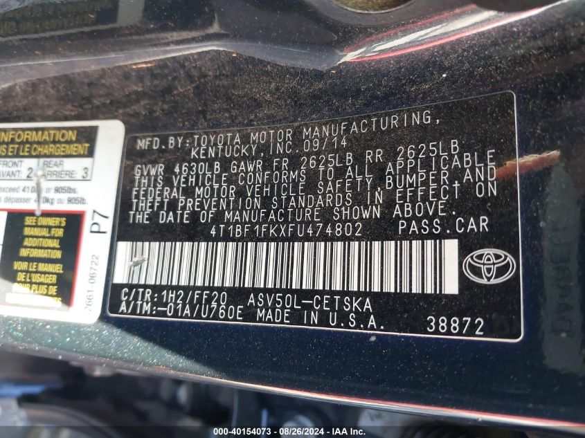 2015 Toyota Camry Se VIN: 4T1BF1FKXFU474802 Lot: 40154073